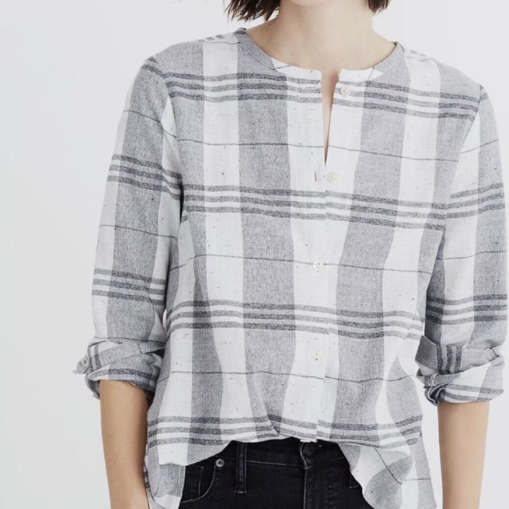 NWT Madwell Grey Plaid 100% Cotton Button Down Collarless - Picture 6 of 7